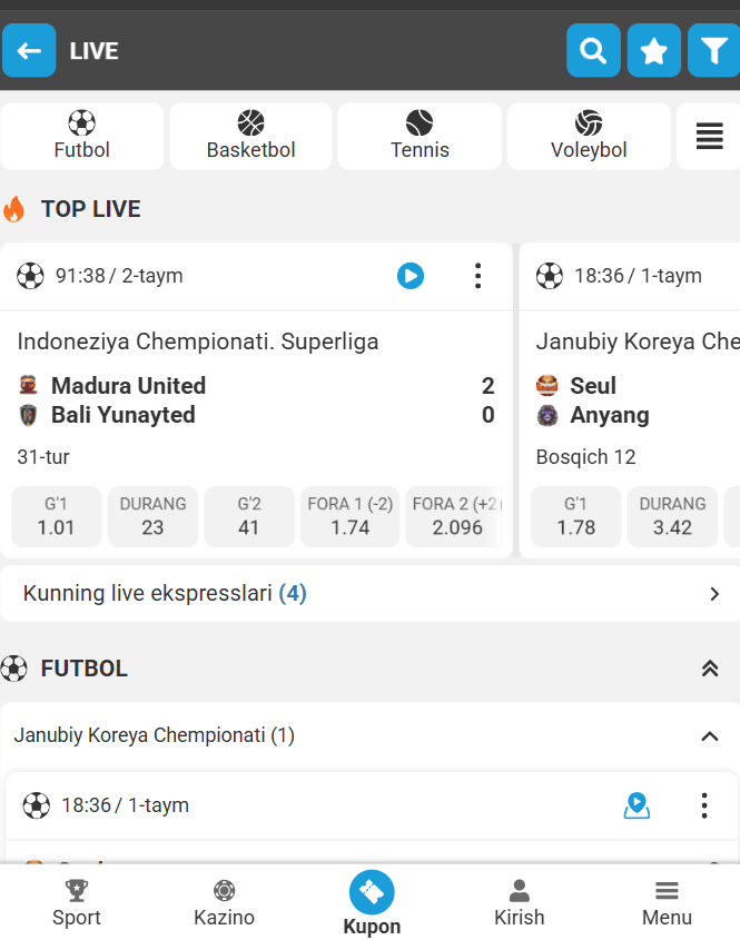 Live stavkalar Megapari UZ